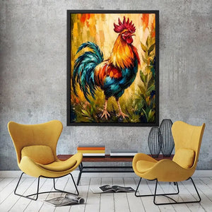 Vibrant rooster wall art with bold colorful feathers and textured background, modern farmhouse canvas for kitchen and dining room decor