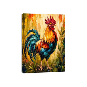 Vibrant rooster wall art with bold colorful feathers and textured background, modern farmhouse canvas for kitchen and dining room decor