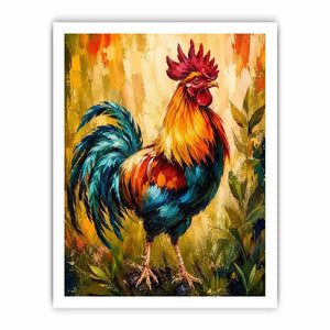 Vibrant rooster wall art with bold colorful feathers and textured background, modern farmhouse canvas for kitchen and dining room decor