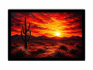 Abstract desert sunset wall art with cactus silhouette and fiery sky, bold modern landscape canvas for living room and office decor