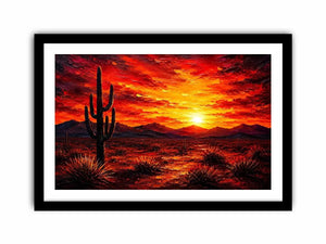 Abstract desert sunset wall art with cactus silhouette and fiery sky, bold modern landscape canvas for living room and office decor