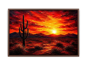 Abstract desert sunset wall art with cactus silhouette and fiery sky, bold modern landscape canvas for living room and office decor