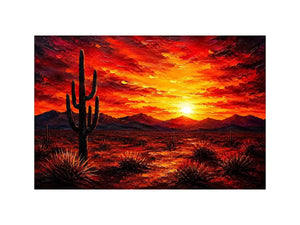 Abstract desert sunset wall art with cactus silhouette and fiery sky, bold modern landscape canvas for living room and office decor