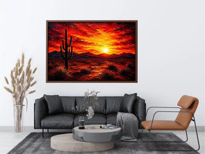 Abstract desert sunset wall art with cactus silhouette and fiery sky, bold modern landscape canvas for living room and office decor