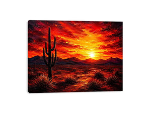 Abstract desert sunset wall art with cactus silhouette and fiery sky, bold modern landscape canvas for living room and office decor