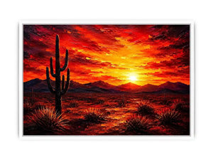 Abstract desert sunset wall art with cactus silhouette and fiery sky, bold modern landscape canvas for living room and office decor