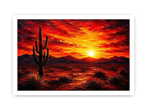 Abstract desert sunset wall art with cactus silhouette and fiery sky, bold modern landscape canvas for living room and office decor