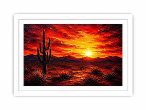 Abstract desert sunset wall art with cactus silhouette and fiery sky, bold modern landscape canvas for living room and office decor