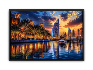 Dubai skyline wall art with waterfront reflections at sunset featuring Burj Al Arab and marina, luxury cityscape canvas for living room and office decor