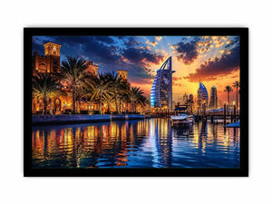 Dubai skyline wall art with waterfront reflections at sunset featuring Burj Al Arab and marina, luxury cityscape canvas for living room and office decor