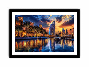 Dubai skyline wall art with waterfront reflections at sunset featuring Burj Al Arab and marina, luxury cityscape canvas for living room and office decor