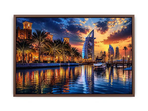 Dubai skyline wall art with waterfront reflections at sunset featuring Burj Al Arab and marina, luxury cityscape canvas for living room and office decor