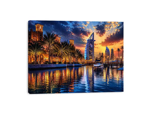 Dubai skyline wall art with waterfront reflections at sunset featuring Burj Al Arab and marina, luxury cityscape canvas for living room and office decor