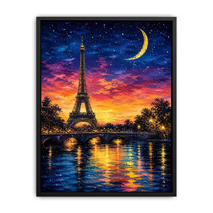 Eiffel Tower wall art with moonlit sky and reflection in water, dreamy Paris night canvas for bedroom and living room decor