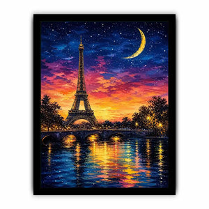 Eiffel Tower wall art with moonlit sky and reflection in water, dreamy Paris night canvas for bedroom and living room decor