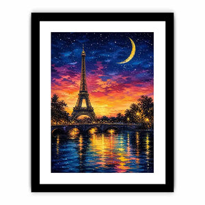 Eiffel Tower wall art with moonlit sky and reflection in water, dreamy Paris night canvas for bedroom and living room decor