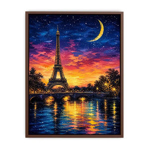 Eiffel Tower wall art with moonlit sky and reflection in water, dreamy Paris night canvas for bedroom and living room decor