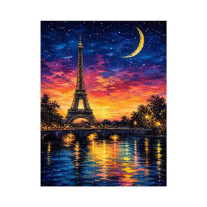 Eiffel Tower wall art with moonlit sky and reflection in water, dreamy Paris night canvas for bedroom and living room decor
