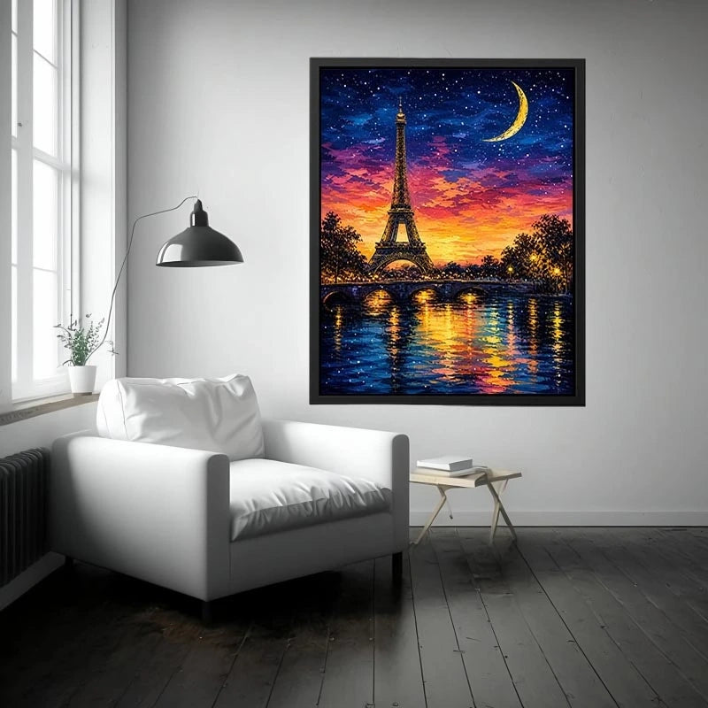 Eiffel Tower wall art with moonlit sky and reflection in water, dreamy Paris night canvas for bedroom and living room decor