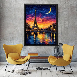 Eiffel Tower wall art with moonlit sky and reflection in water, dreamy Paris night canvas for bedroom and living room decor