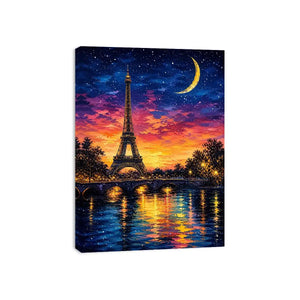 Eiffel Tower wall art with moonlit sky and reflection in water, dreamy Paris night canvas for bedroom and living room decor