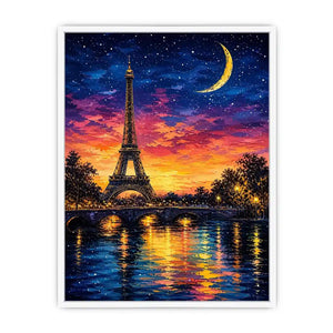 Eiffel Tower wall art with moonlit sky and reflection in water, dreamy Paris night canvas for bedroom and living room decor
