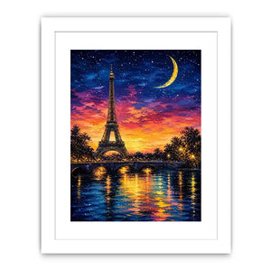 Eiffel Tower wall art with moonlit sky and reflection in water, dreamy Paris night canvas for bedroom and living room decor