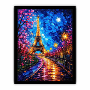 Colorful Paris street wall art with glowing Eiffel Tower and vibrant night lights, modern abstract city canvas for living room and bedroom decor