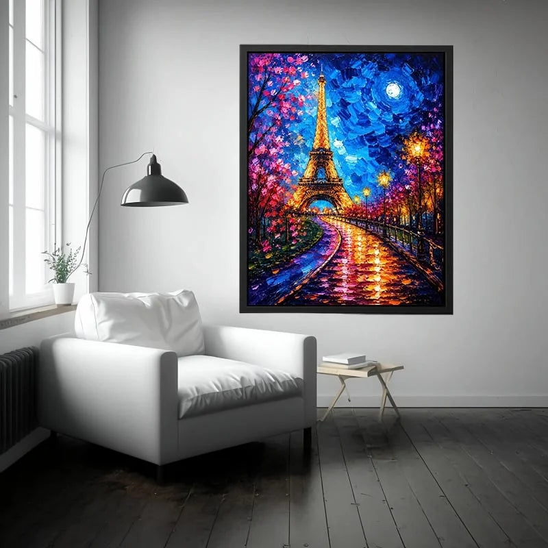 Colorful Paris street wall art with glowing Eiffel Tower and vibrant night lights, modern abstract city canvas for living room and bedroom decor