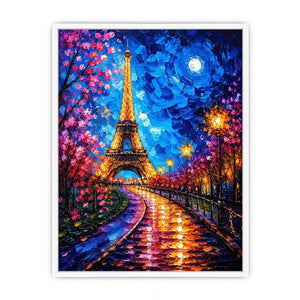 Colorful Paris street wall art with glowing Eiffel Tower and vibrant night lights, modern abstract city canvas for living room and bedroom decor