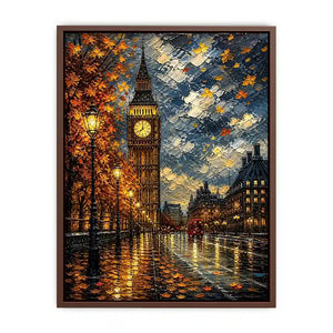 Rainy London Big Ben painting with autumn leaves and glowing street reflections