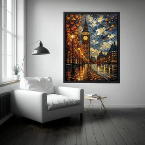 Rainy London Big Ben painting with autumn leaves and glowing street reflections