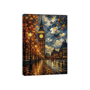 Rainy London Big Ben painting with autumn leaves and glowing street reflections
