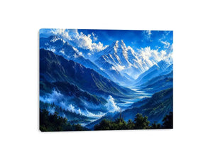 Modern blue mountain landscape wall art with serene valley, misty peaks and vibrant cool tones, luxury canvas for living room and bedroom decor