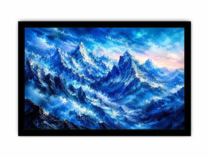 Abstract blue mountain wall art with misty peaks and cool tones, modern luxury canvas for serene living room and bedroom decor