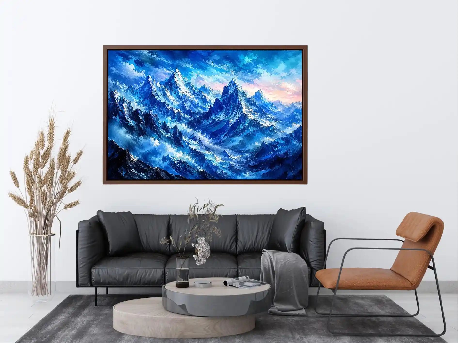 Abstract blue mountain wall art with misty peaks and cool tones, modern luxury canvas for serene living room and bedroom decor