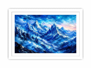 Abstract blue mountain wall art with misty peaks and cool tones, modern luxury canvas for serene living room and bedroom decor