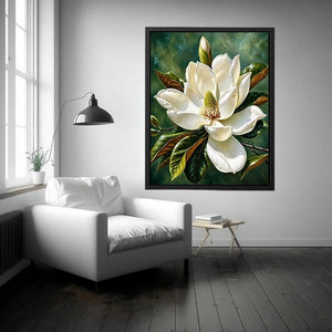 White magnolia flower wall art with soft green background, elegant botanical canvas for serene bedroom and living room decor