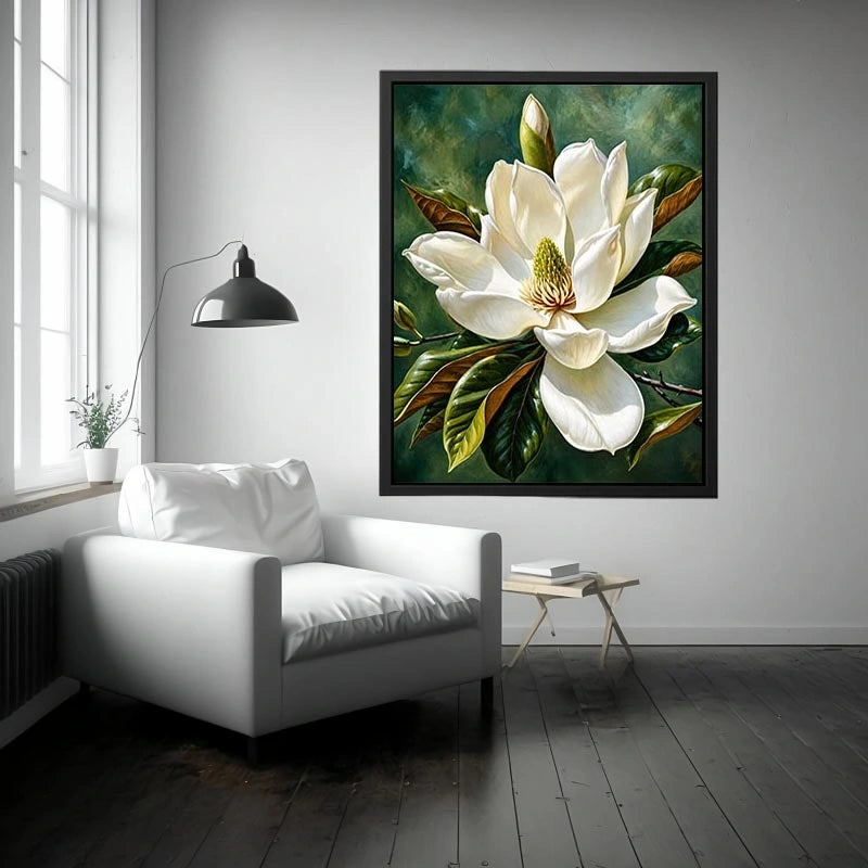 White magnolia flower wall art with soft green background, elegant botanical canvas for serene bedroom and living room decor