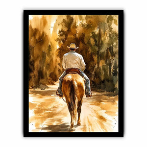 Rustic watercolor cowboy riding horse through earthy western landscape wall art