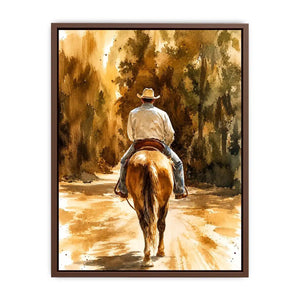 Rustic watercolor cowboy riding horse through earthy western landscape wall art