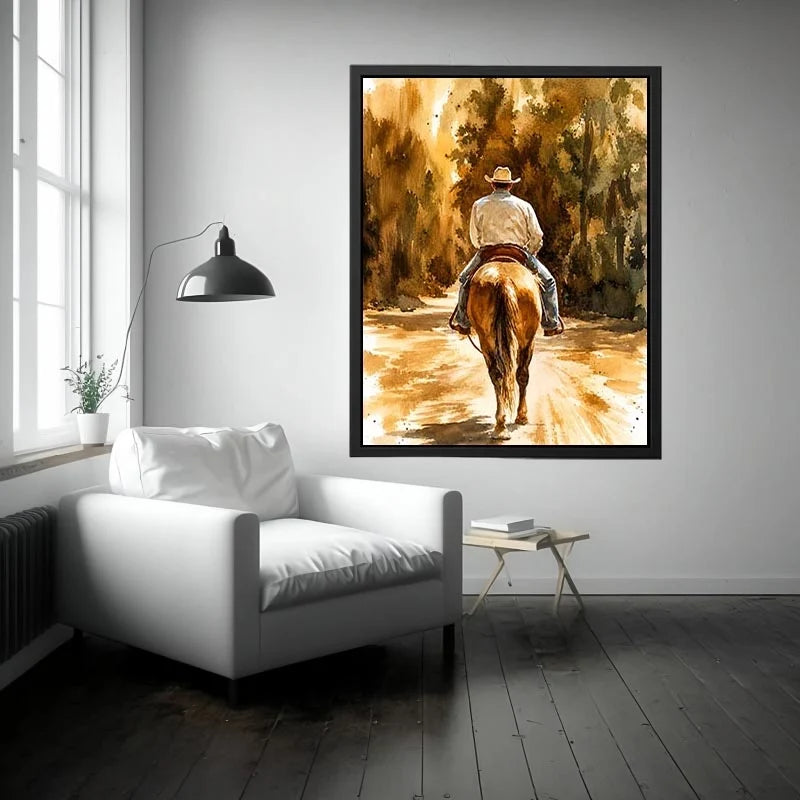Rustic watercolor cowboy riding horse through earthy western landscape wall art