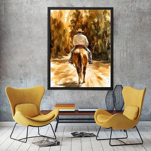 Rustic watercolor cowboy riding horse through earthy western landscape wall art