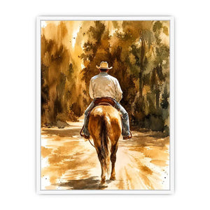 Rustic watercolor cowboy riding horse through earthy western landscape wall art