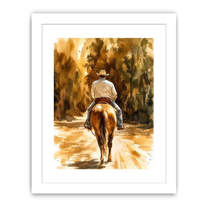 Rustic watercolor cowboy riding horse through earthy western landscape wall art