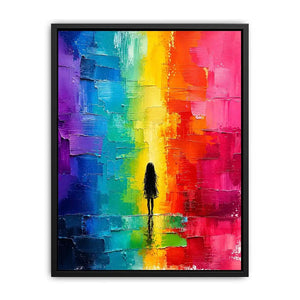 Colorful rainbow abstract painting with solitary silhouette and textured modern design