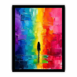 Colorful rainbow abstract painting with solitary silhouette and textured modern design
