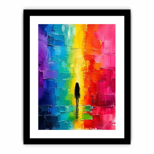 Colorful rainbow abstract painting with solitary silhouette and textured modern design