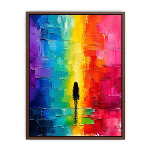 Colorful rainbow abstract painting with solitary silhouette and textured modern design
