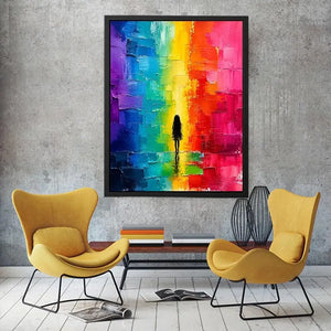 Colorful rainbow abstract painting with solitary silhouette and textured modern design